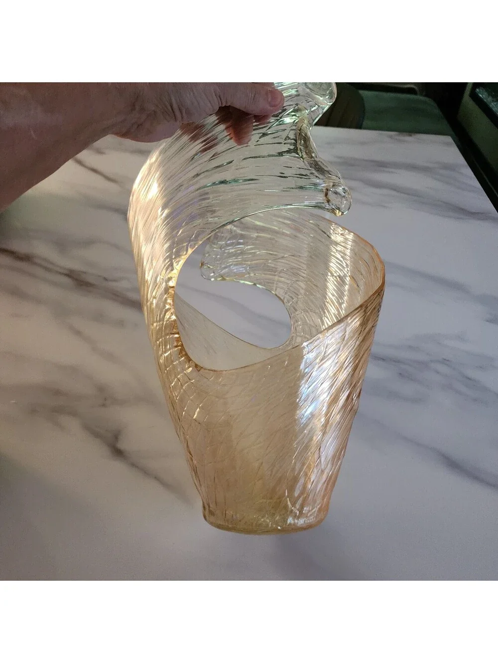 Murano Style Hand Blown Gold Art Glass Wave Vase Amber Freeform Italian 16